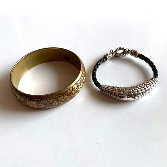 Vintage Gold Floral Bangle & Silver Tone Braided Bracelet Set – Boho Jewelry Lot - Picture 4 of 13